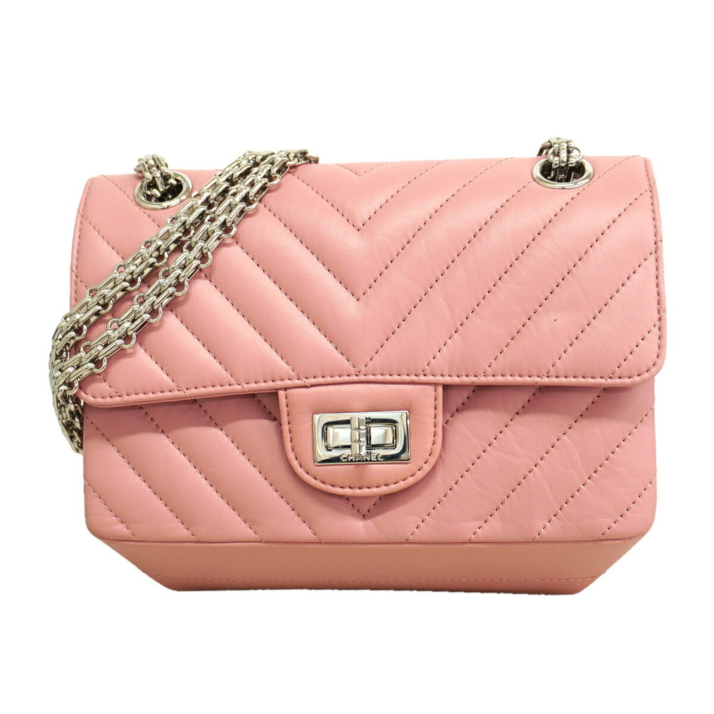 Chanel Shoulder Bag, V-Stitch, Double Chain, 2.55g, Leather, Pink, Women's